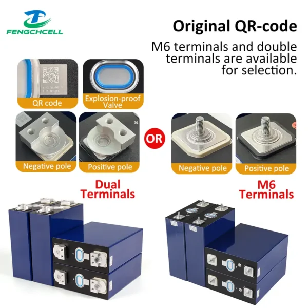 REPT 314Ah LiFePO4 Battery Cell, Grade A 3.2V, blue prismatic cell with M6/dual terminals and labelled features.