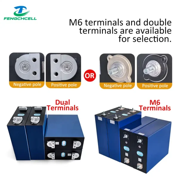 AESC 315Ah LiFePO4 Battery Cells (3.2V, Grade A) shown with dual and M6 terminal options for DIY solar storage.