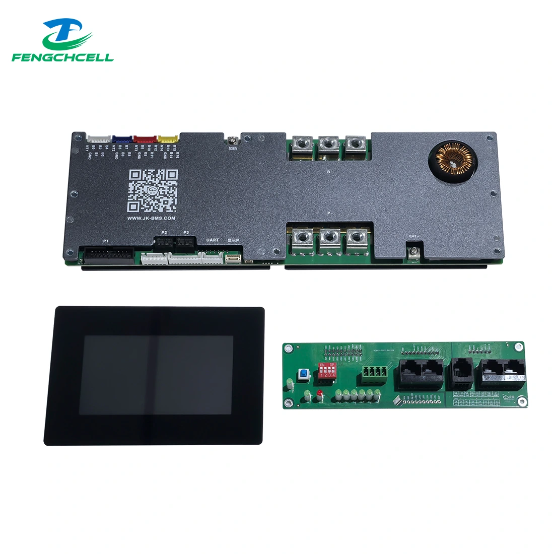 JK BMS V19 300A Inverter BMS (8S–16S LiFePO₄, 4,3″ érintőképernyő) fő és zöld áramköri lapokkal.