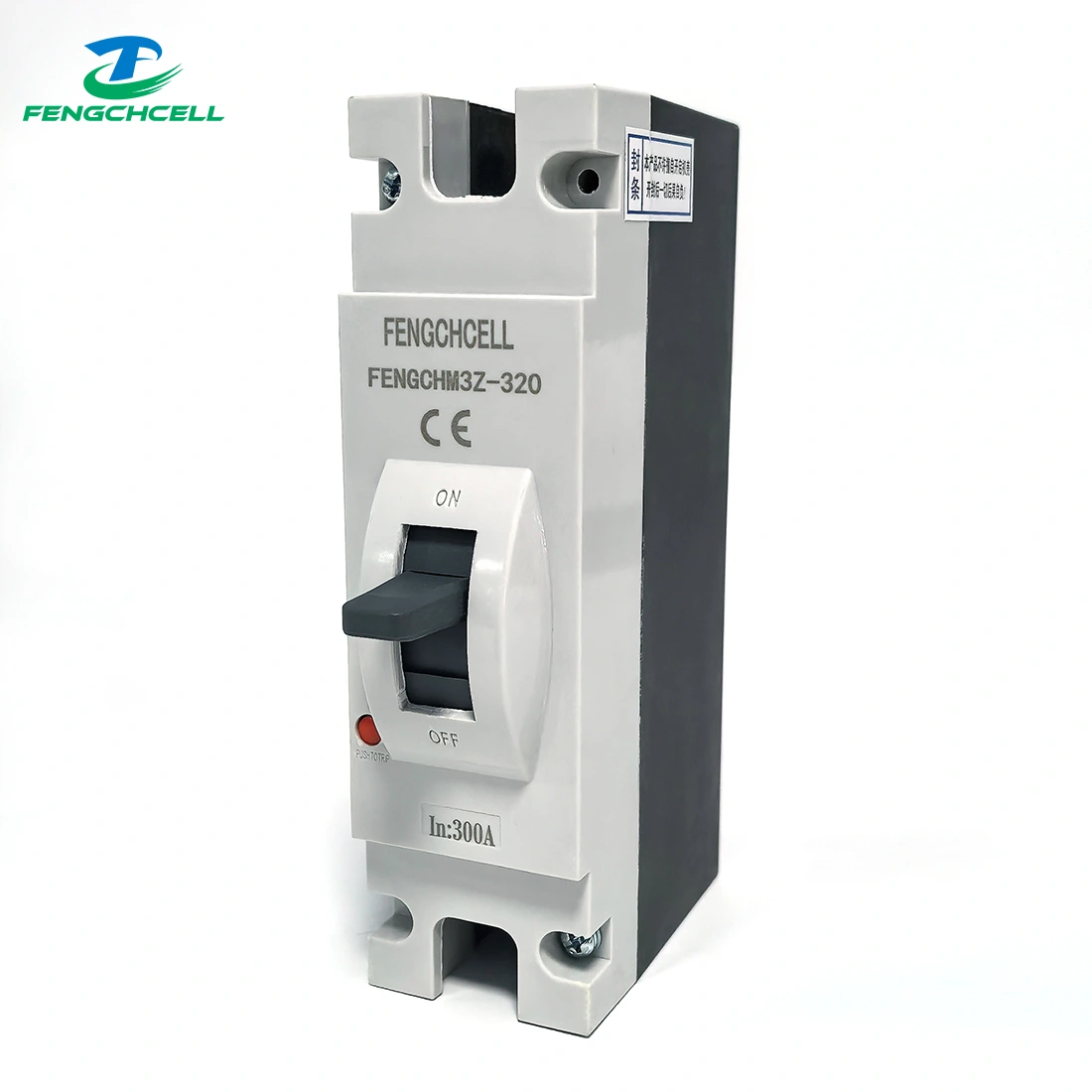 FENGCHCELL 300A DC Circuit Breaker MCCB, model FENGCMH32-320, with 2-pole isolator and ON/OFF switch.