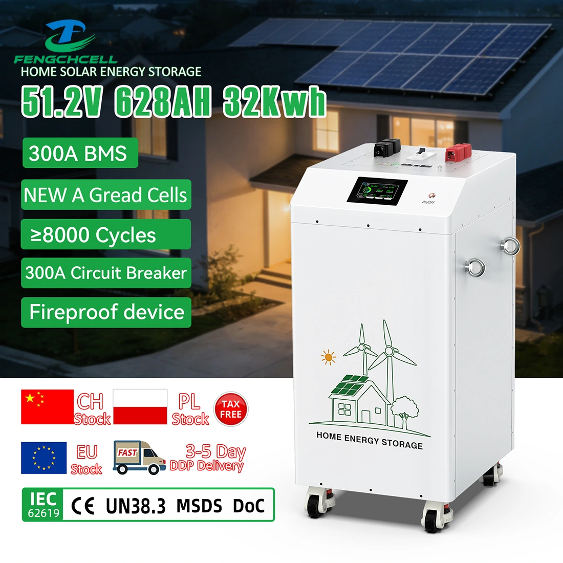 Fench Energy 32kWh LiFePO4 Battery (51.2V, 628Ah) shown with advanced 300A BMS and fireproof construction.