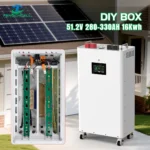 Vertical DIY Battery Box Kit V3 (16S, 51.2V, 15kWh) with JK BMS V19, LCD display, ports, and wheels shown outdoors.