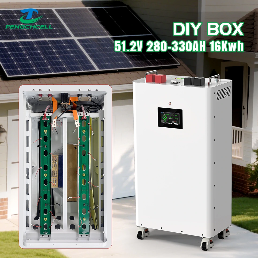 Vertical DIY Battery Box Kit V3 (16S, 51.2V, 15kWh) with JK BMS V19, LCD display, ports, and wheels shown outdoors.