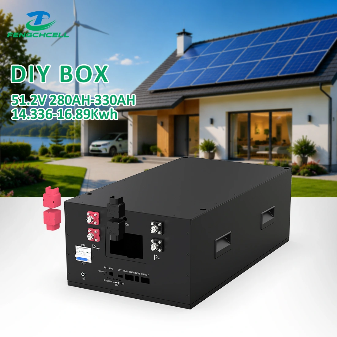 Czarna pusta obudowa akumulatora LiFePO4 48V 16S A3 pozioma dla ogniw 280–320Ah, 51,2V, do 330Ah, 16,89kWh.