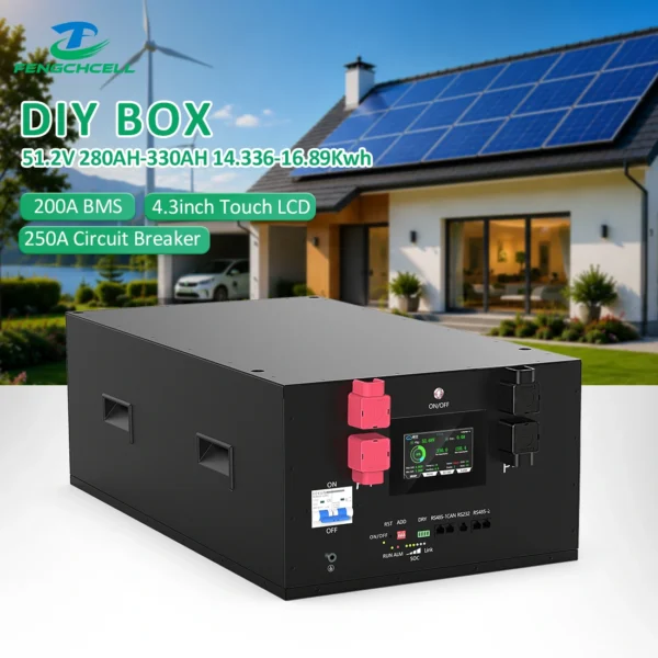 DIY Batteriebox Kit 48V 16S (JK V19, 280-320Ah LiFePO4, 200A BMS) mat Knäppercher an 4.3″ LCD Display.