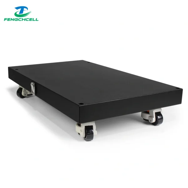 Rectangular black Battery Box Base for 48V 16S DIY setups with four locking castor wheels.