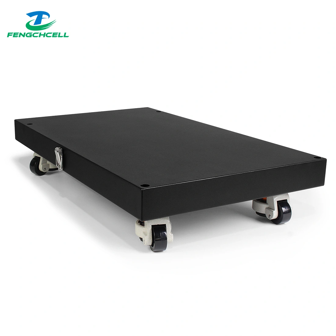 Rectangular black Battery Box Base for 48V 16S DIY setups with four locking castor wheels.