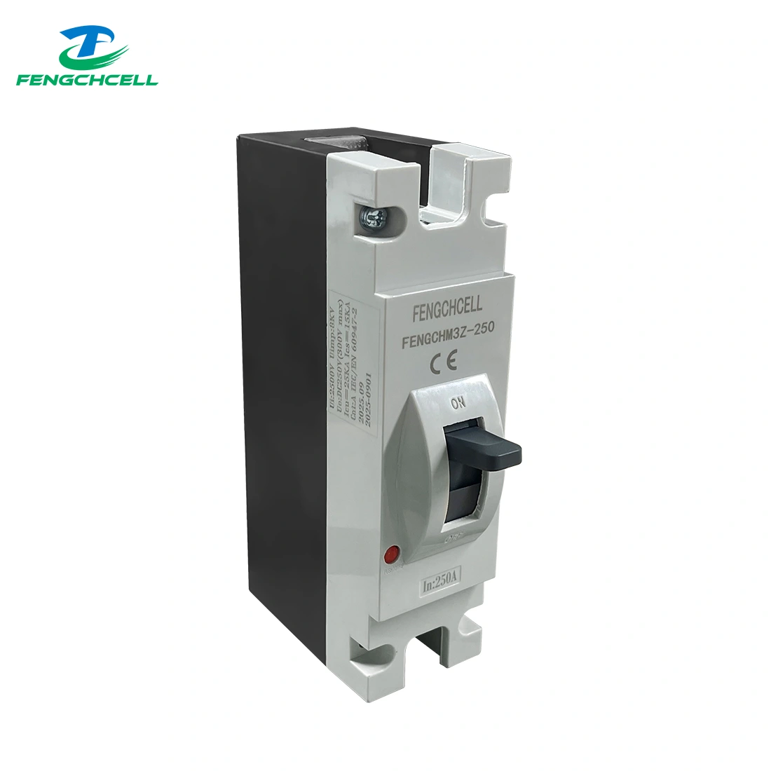 FENGCHCELL 250A DC Circuit Breaker MCCB, model FENGMCH32-250, with black ON switch and 2-pole isolator.