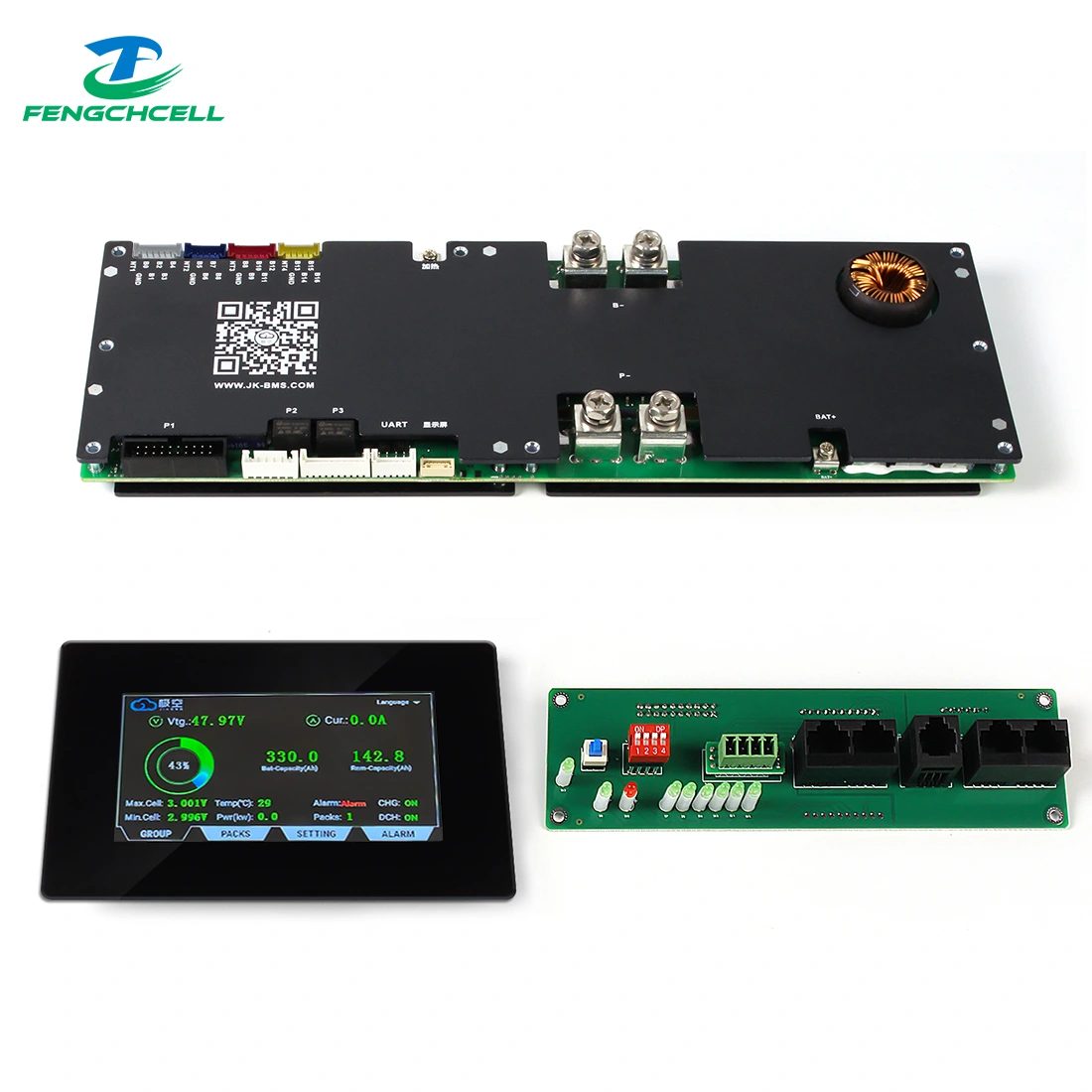 JK BMS V19 Inverter BMS 200A 7S–16S 48V/51,2V 4,3″ érintőképernyővel, fekete és zöld áramköri lapok láthatók.