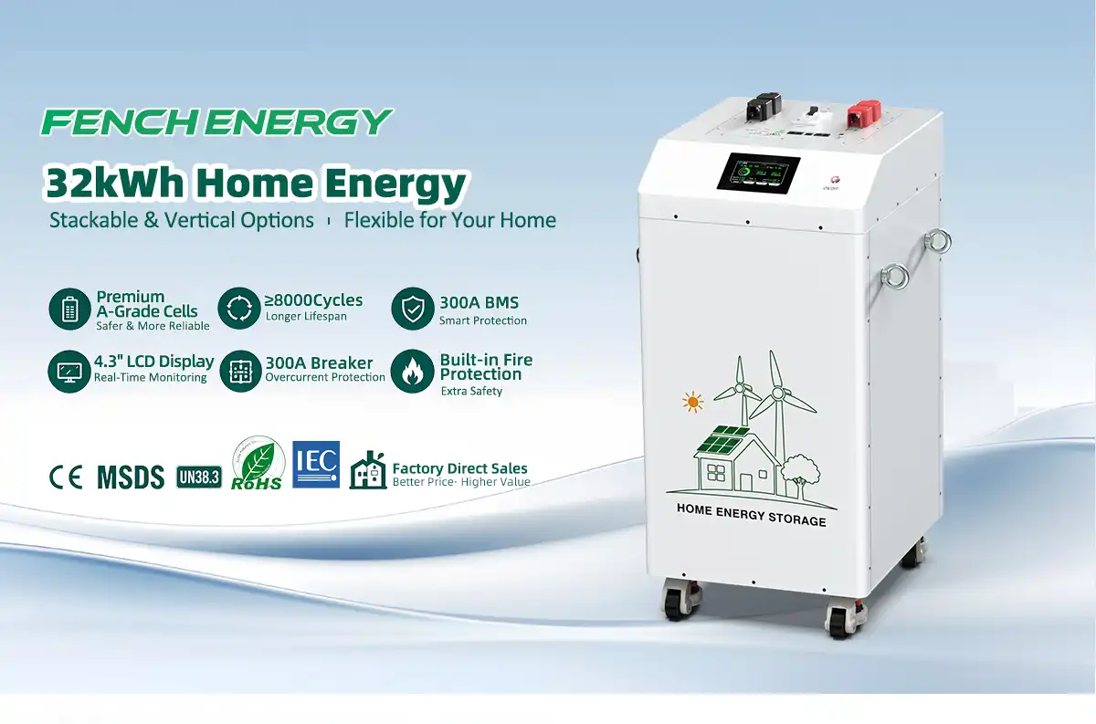 32kWh LiFePO4 Battery 51.2V 628Ah Home Energy Storage System with an integrated LCD display and wheels.