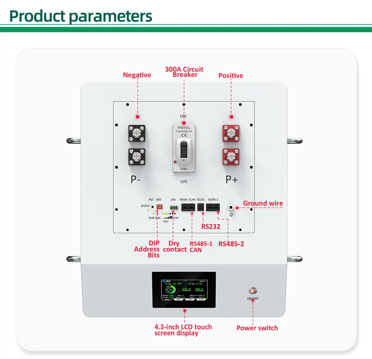 Fench Energy 32kWh 51.2V 628Ah LiFePO4 battery module with a 300A circuit breaker, ports, and LCD display.