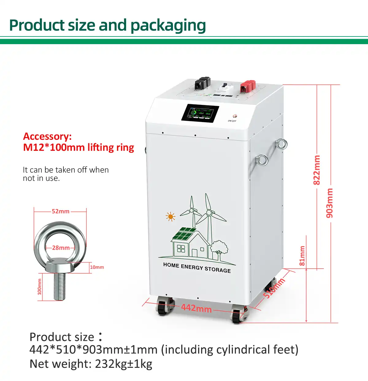 Fench Energy 32kWh LiFePO4 tower battery (51.2V 628Ah) with a digital display, wheels, and M12 lifting rings.