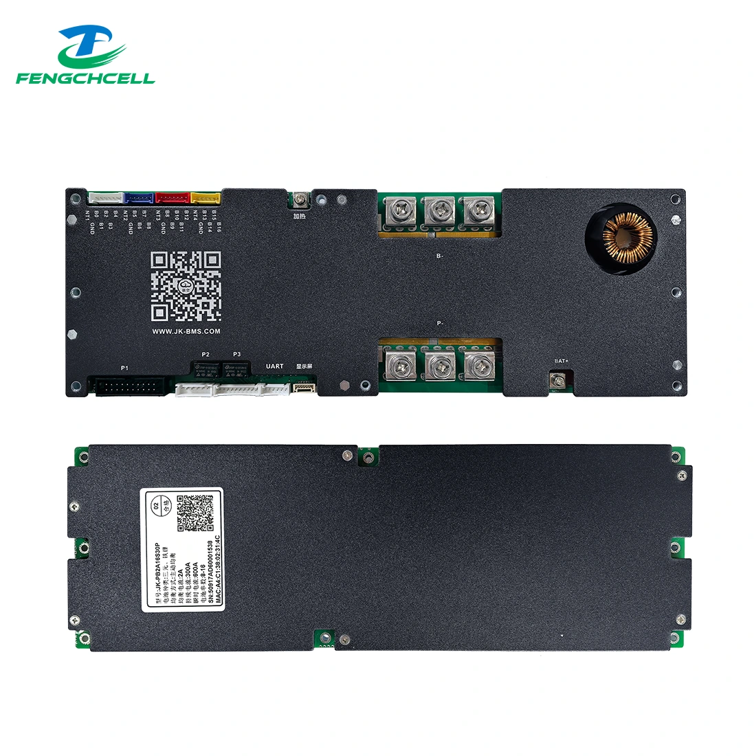 JK BMS V19 300A Inverter BMS 8S–16S LiFePO₄-hoz, elöl csatlakozókkal, hátul matricával.