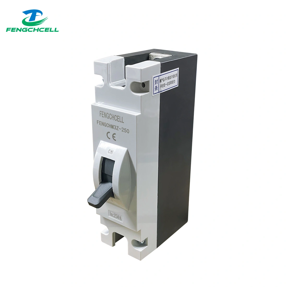 FENGCHCELL 250A DC Circuit Breaker MCCB (model FENGHCM3Z-250), 2-pole, grey ON switch, EU stock.