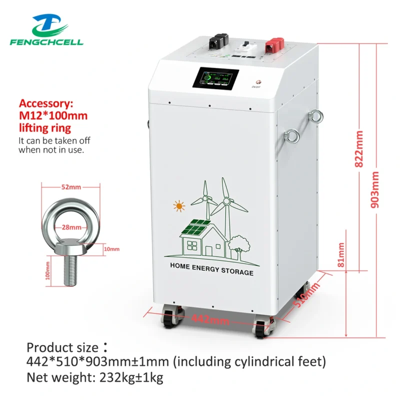Fench Energy 32kWh LiFePO4 akkumulátor 51,2V 628Ah vezérlőpanellel, szél/napelem ikonokkal, kerekekkel és emelőgyűrűvel; 442×510×903mm, 232kg.
