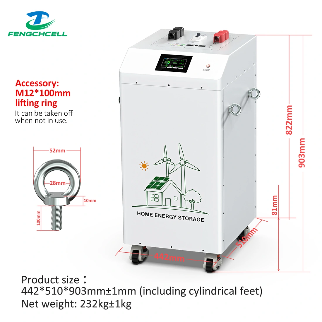 Fench Energy 32kWh LiFePO4 Battery 51.2V 628Ah with control panel, wind/solar icons, wheels, and lifting ring; 442×510×903mm, 232kg.