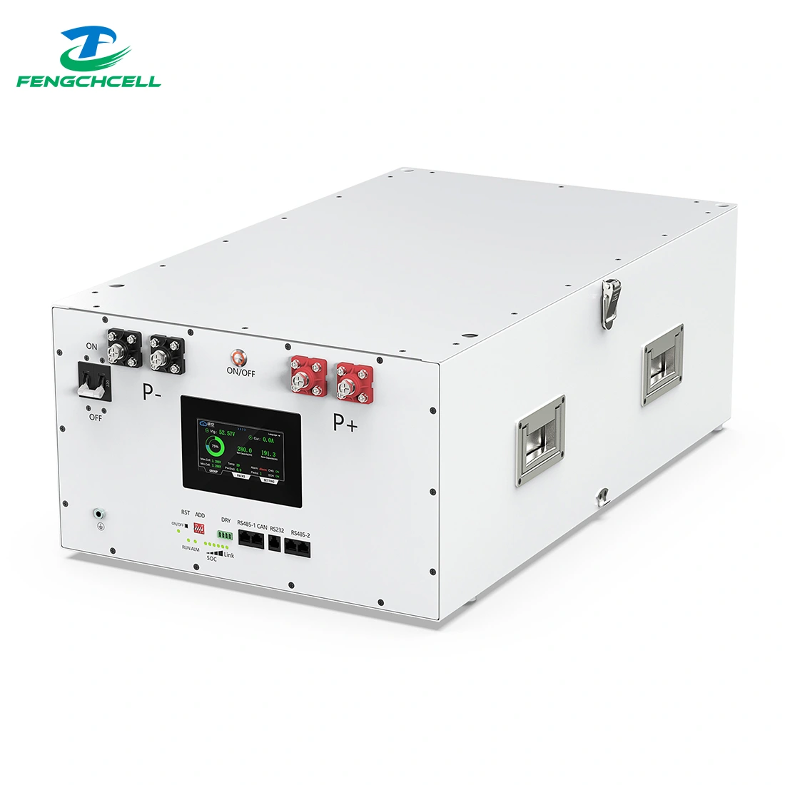 Rectangular 15kWh DIY Battery Box Kit A1 (16S) with display, control buttons, ports, and side handles; 48V LiFePO4, JK BMS V19, fits 280Ah–314Ah cells.