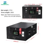280Ah Stackable Batteriebox Kit A2 (16S, 15kWh) mat JK BMS V19, an engem schwaarze Stahlgehäuse mat Display.