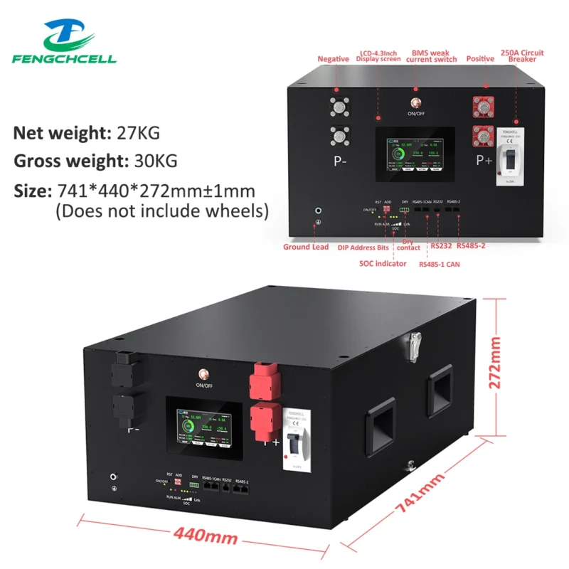 280Ah egymásra rakható akkumulátordoboz készlet A2 (16S, 15kWh) JK BMS V19-cel fekete acél házban kijelzővel.