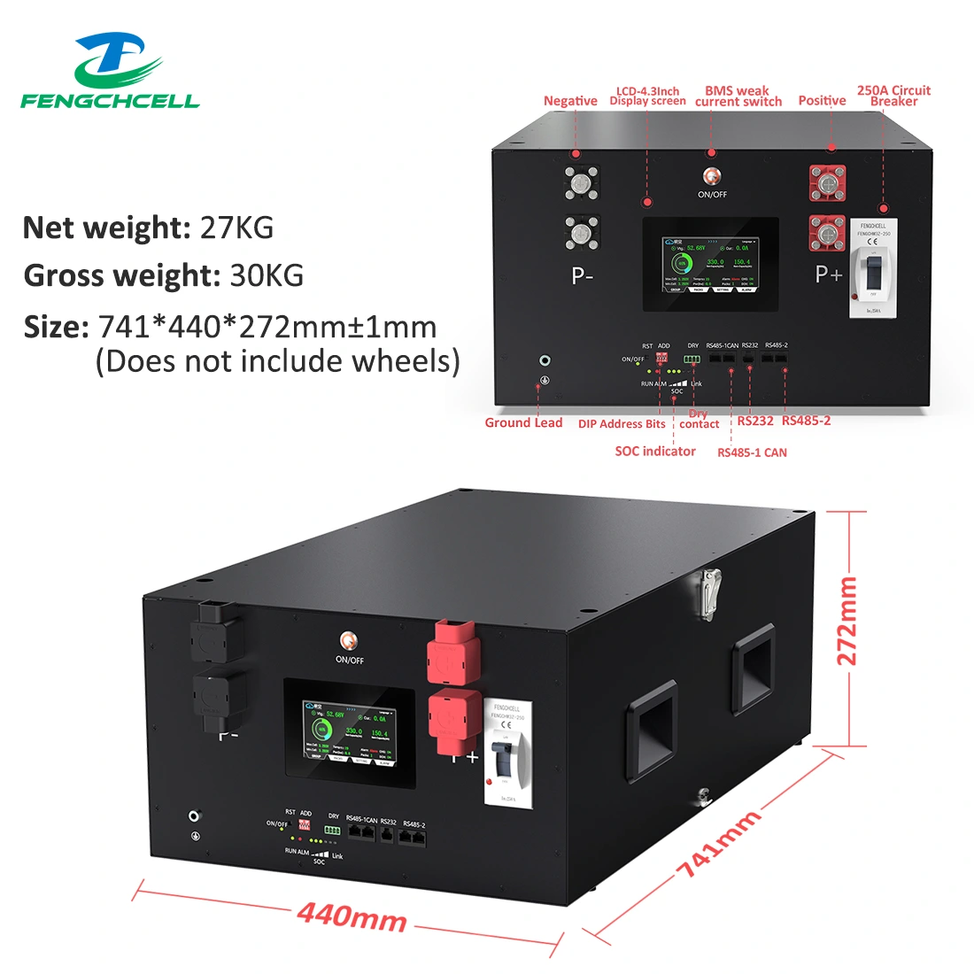 Zestaw modułowych baterii 280Ah A2 (16S, 15kWh) z JK BMS V19 w czarnej stalowej obudowie z wyświetlaczem.