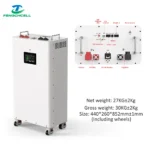 FENGCHCELL Vertical DIY Battery Box Kit V3 (16S 51.2V 15kWh) on wheels, with handles, ports, LCD and fire protection.