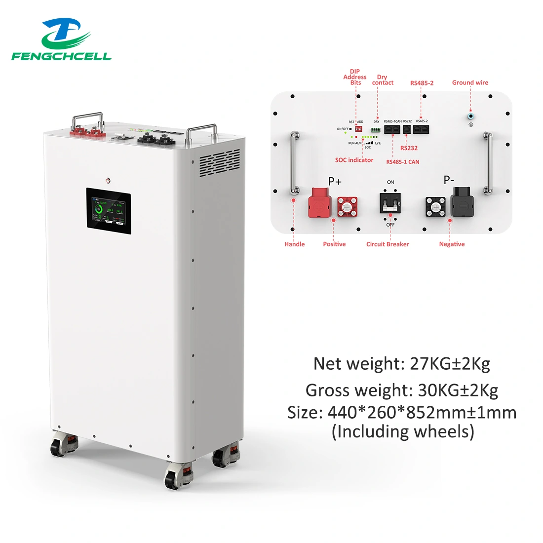 FENGCHCELL Vertical DIY Battery Box Kit V3 (16S 51.2V 15kWh) on wheels, with handles, ports, LCD and fire protection.