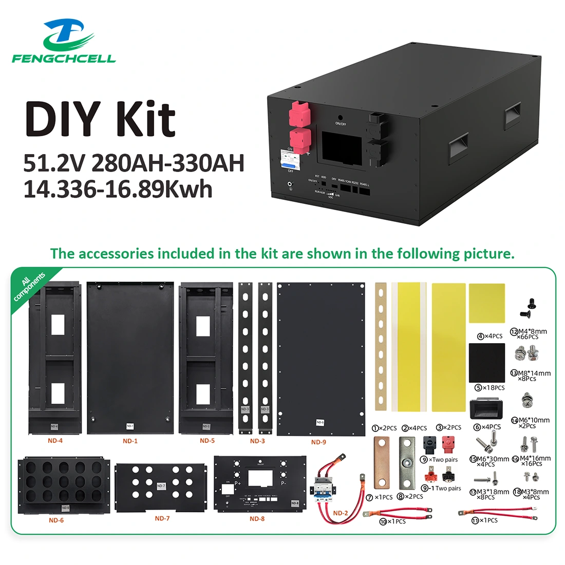 Zestaw Fengchcell DIY z pustą obudową akumulatora LiFePO4 48V 16S A3 dla ogniw 280–320Ah, akcesoria w zestawie.