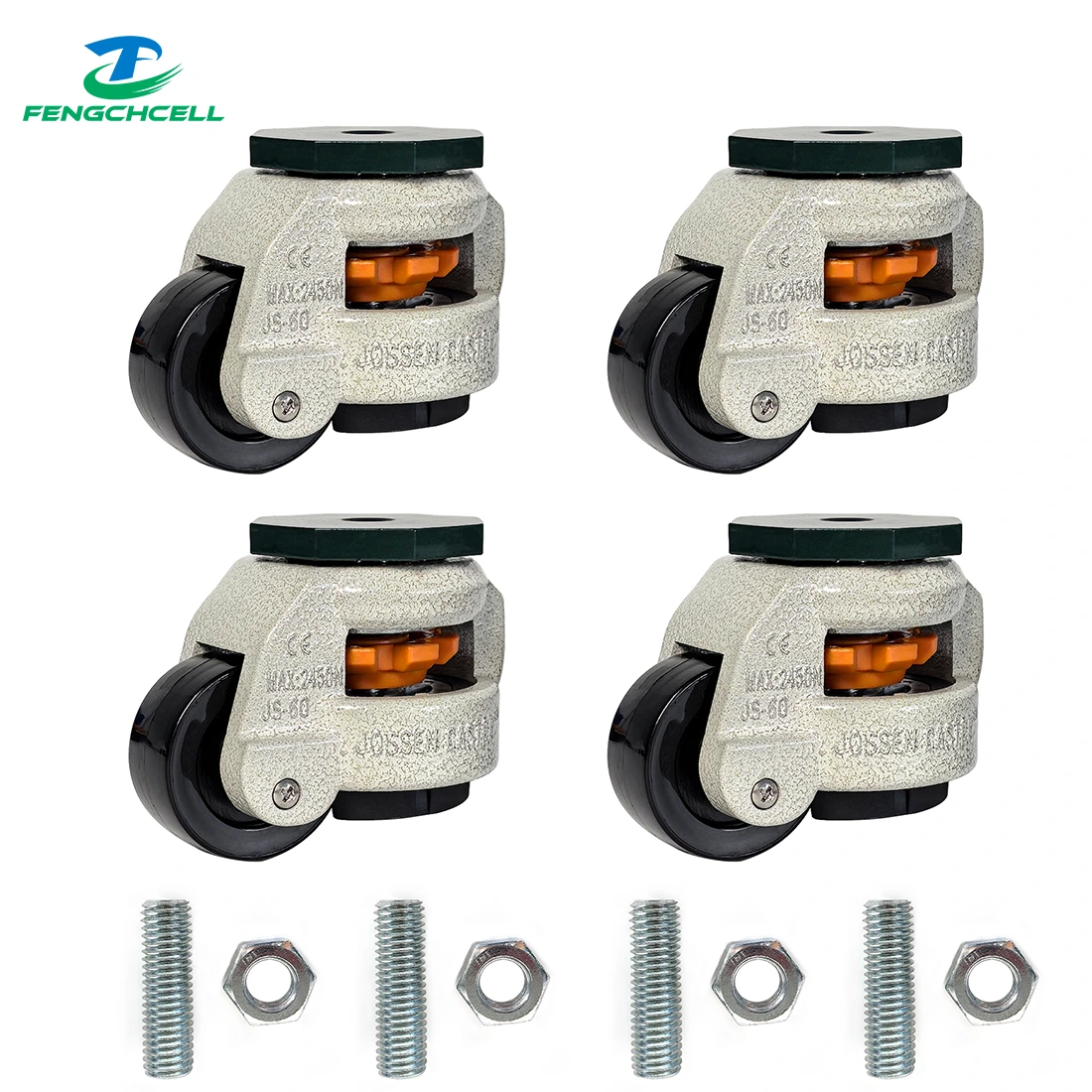 Battery Box Wheels for DIY Boxes, set of 4 locking metal castors with orange suspension, 500kg load.
