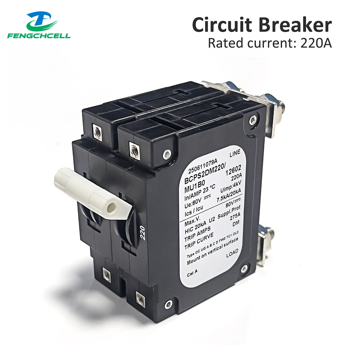Black 220A DC Circuit Breaker MCCB, model BCP52DM220, 2-pole with terminals and isolator switch.