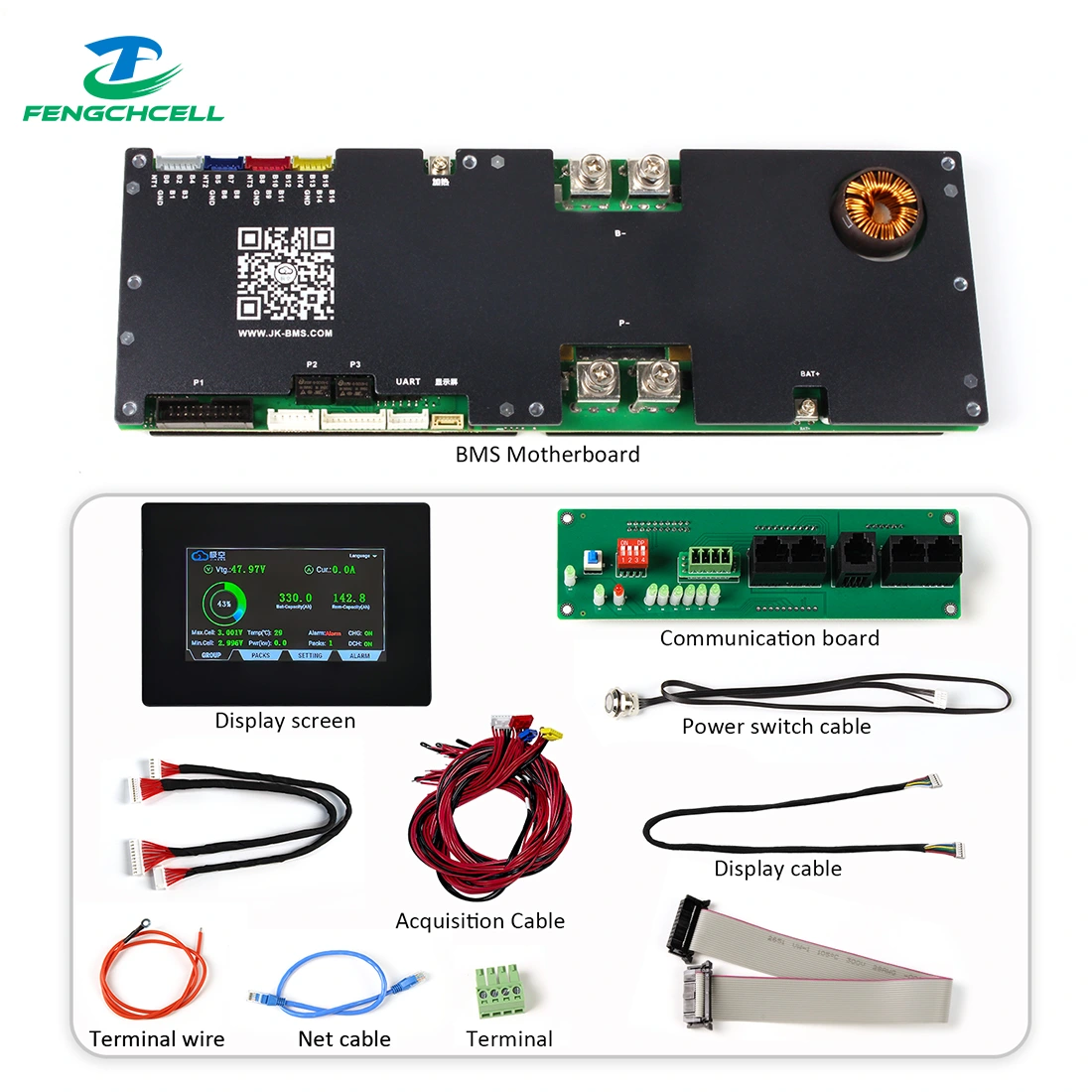 JK BMS V19 Inverter BMS 200A (7S–16S, 48V/51,2V LiFePO4) érintőképernyővel, kábelekkel és tartozékokkal.