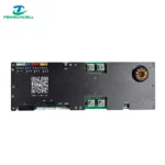 JK BMS V19 Inverter BMS 200A–7S–16S 48V/51.2V LiFePO4 Battery Management System with 4.3″ Touch Screen and CAN/RS485, featuring connectors, coloured ports, a QR code and copper coil.