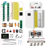 Vertical DIY Battery Box Kit V3 16S 51.2V 15kWh with JK BMS V19, accessories, and open metal case with yellow panel.