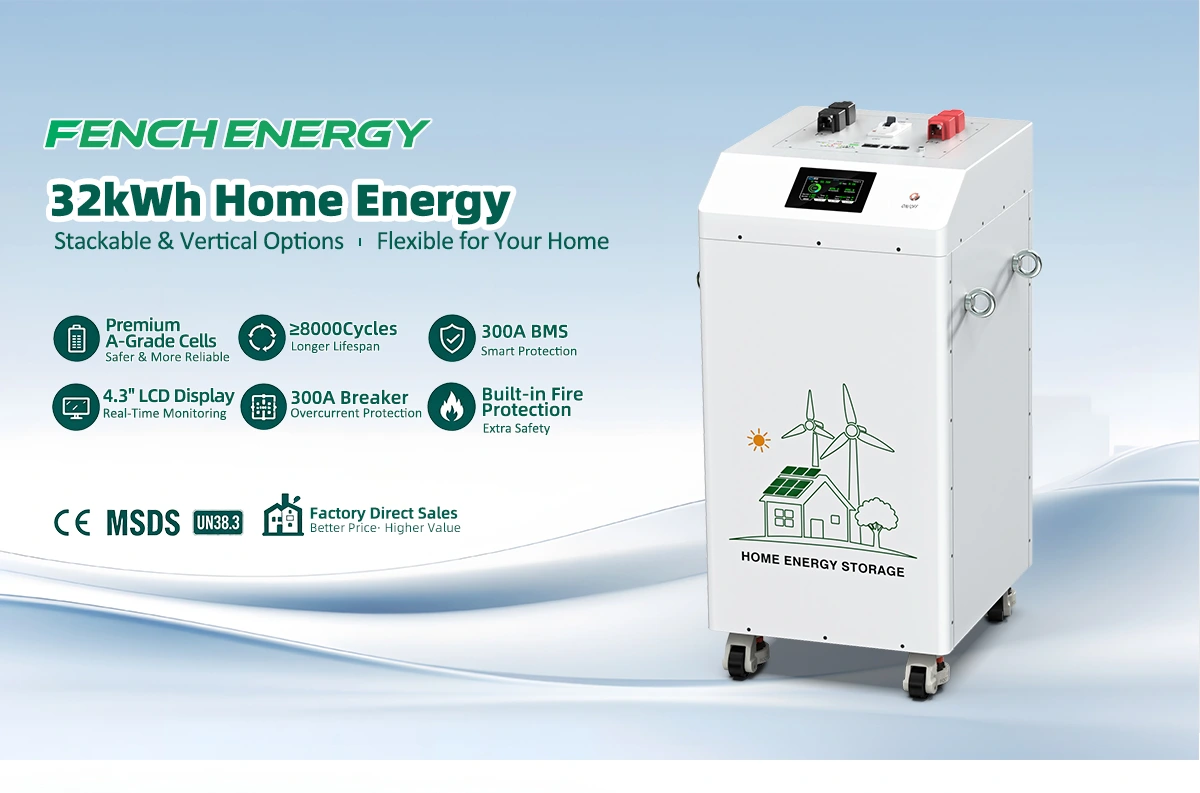 Fench Energy 32kWh LiFePO4 Battery (51.2V 628Ah) features a display, handles, and wheels for home energy use.