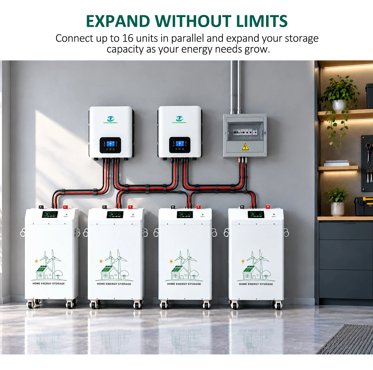 Four Fench Energy 32kWh LiFePO4 Battery 51.2V 628Ah units on wheels, wired to inverters and control panel.