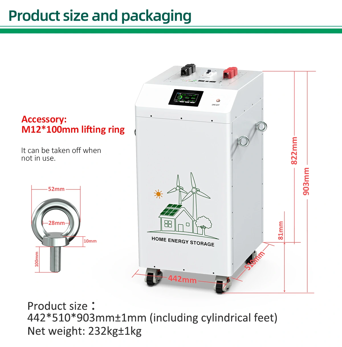 Fench Energy 32kWh LiFePO4 Battery (51.2V 628Ah) with castors, display screen, and M12*100mm lifting ring.