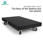 Rectangular black Battery Box Base for 48V 16S DIY, fits 280AH–330AH (15kWh), with metal locking castors.