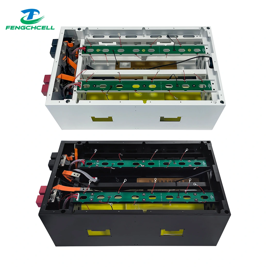 FENGCHCELL 15kWh DIY Battery Box Kit A1 (16S) with JK BMS V19, 280Ah-314Ah LiFePO4, 48V, EU stock; white and black modules side by side showing internal wiring and circuit boards.