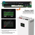The Vertical DIY Battery Box Kit V3 (16S 51.2V 15kWh, JK BMS V19) shows its LCD touchscreen, top ports, and circuit board with UART support.