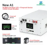 JK BMS V19 battery management unit with 4.3″ LCD, buttons, UART, and 220A breaker for 16S LiFePO4 kits.