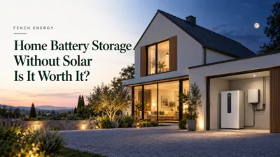 See the Fench Energy Home Battery Storage in a modern garage at dusk with lights on.