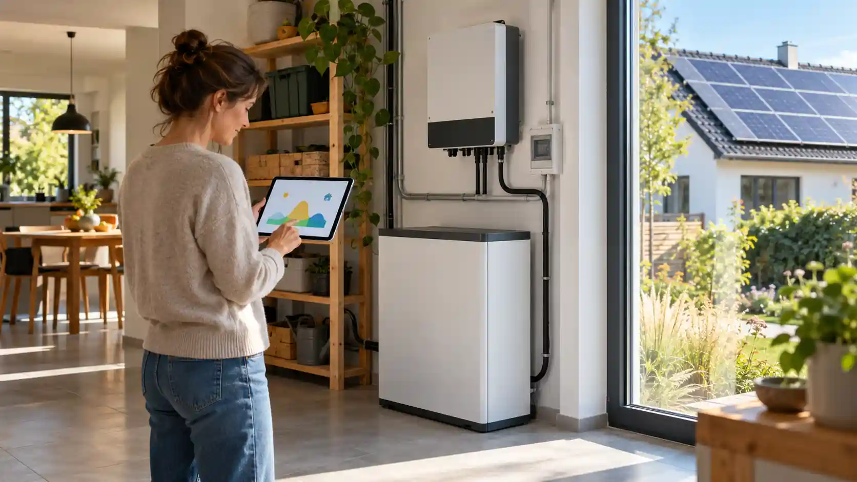 Egy személy táblagépet használ az otthoni akkumulátor és inverter rendszerének figyelésére az energia költségek megtakarítása érdekében.