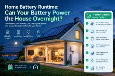 Illustrazzjoni ta' ħin ta' ħajja tal-batterija tad-dar turi sistema ta' ħażna ta' batterija u dar b'dwal mixgħulin bil-lejl