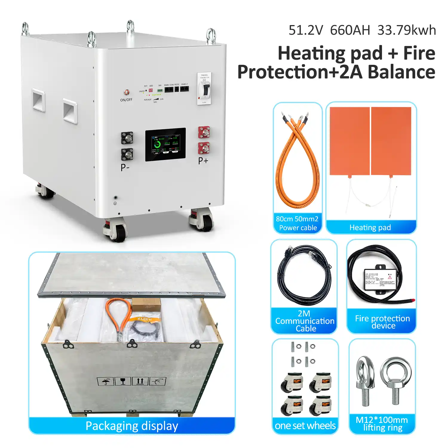 Stazzjon tal-enerġija tal-batterija ta' 51.2V 660Ah 33.79kWh b'pad tas-sħana, protezzjoni mill-infern, kejbils, roti, u bolts.